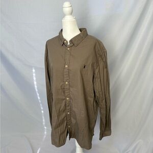 AllSaints Men's Button-Down Shirt in Olive Brown - Embroidered Logo
